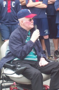 DOWDIE SPEAKS — Paul Dowd addresses the crowd in ceremonies Sunday naming the field at Wahconah Park after him. (Josh Cutler for PLANET VALENTI Sports)